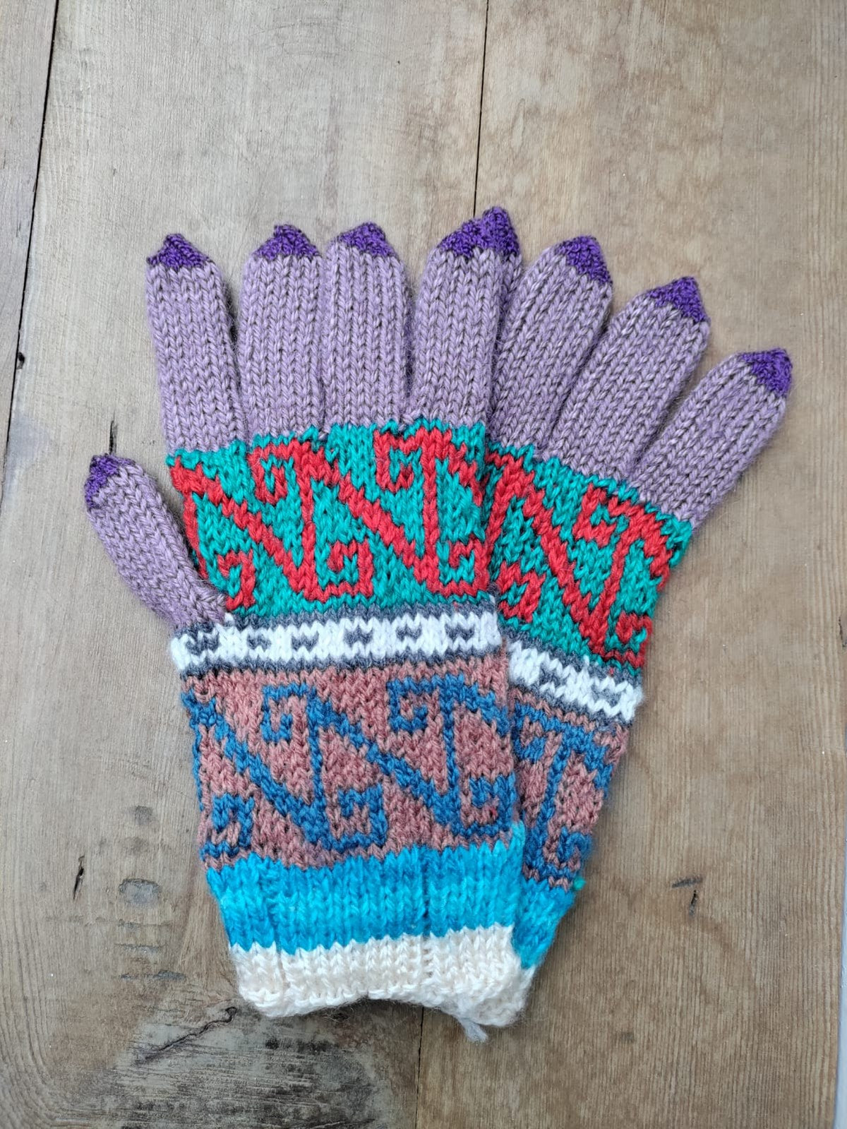 Bohem Etnik Desenli Yün Lila Turkuaz Eldiven