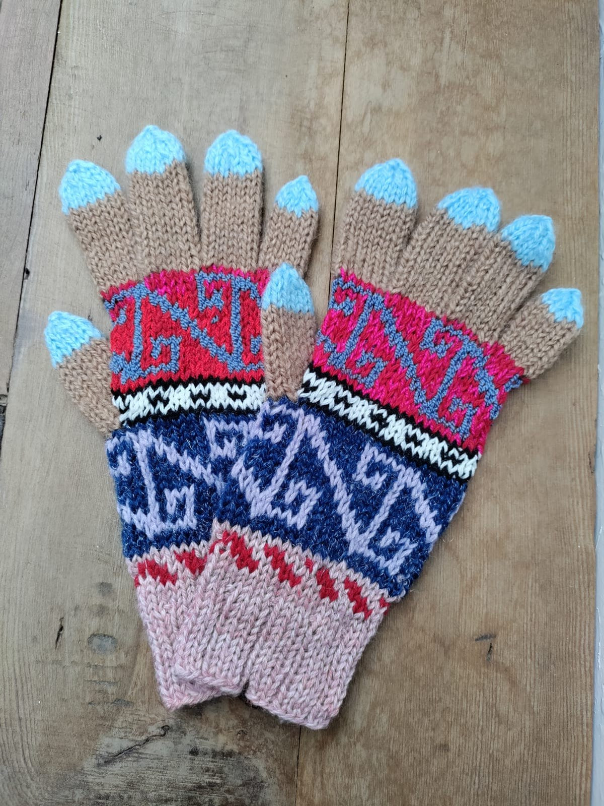 Bohem Etnik Desenli Yün Toprak Mavi Eldiven