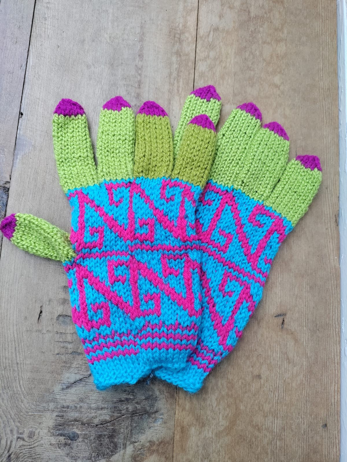 Bohem Etnik Desenli Yün Yeşil Mavi Eldiven