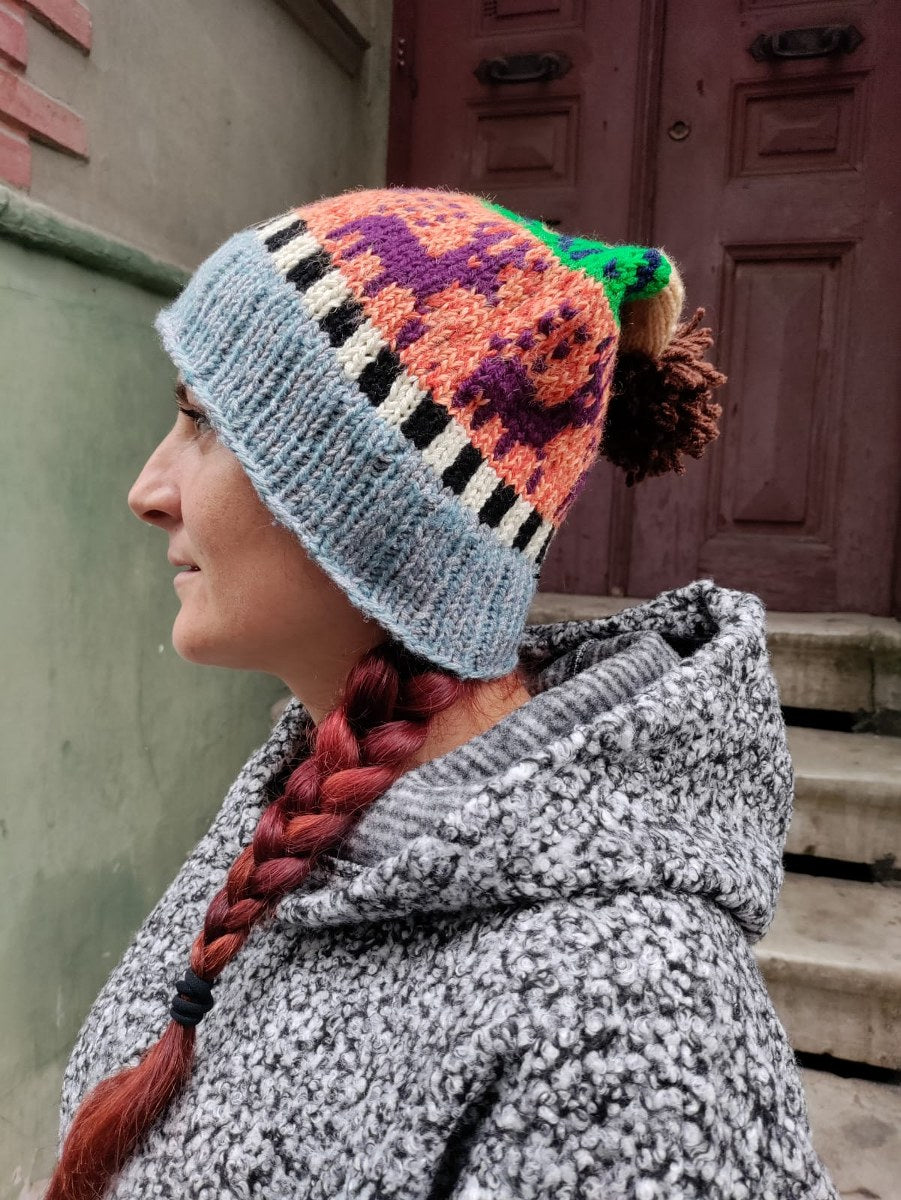 Bohem Geyik Desenli Mavi Turuncu Bere