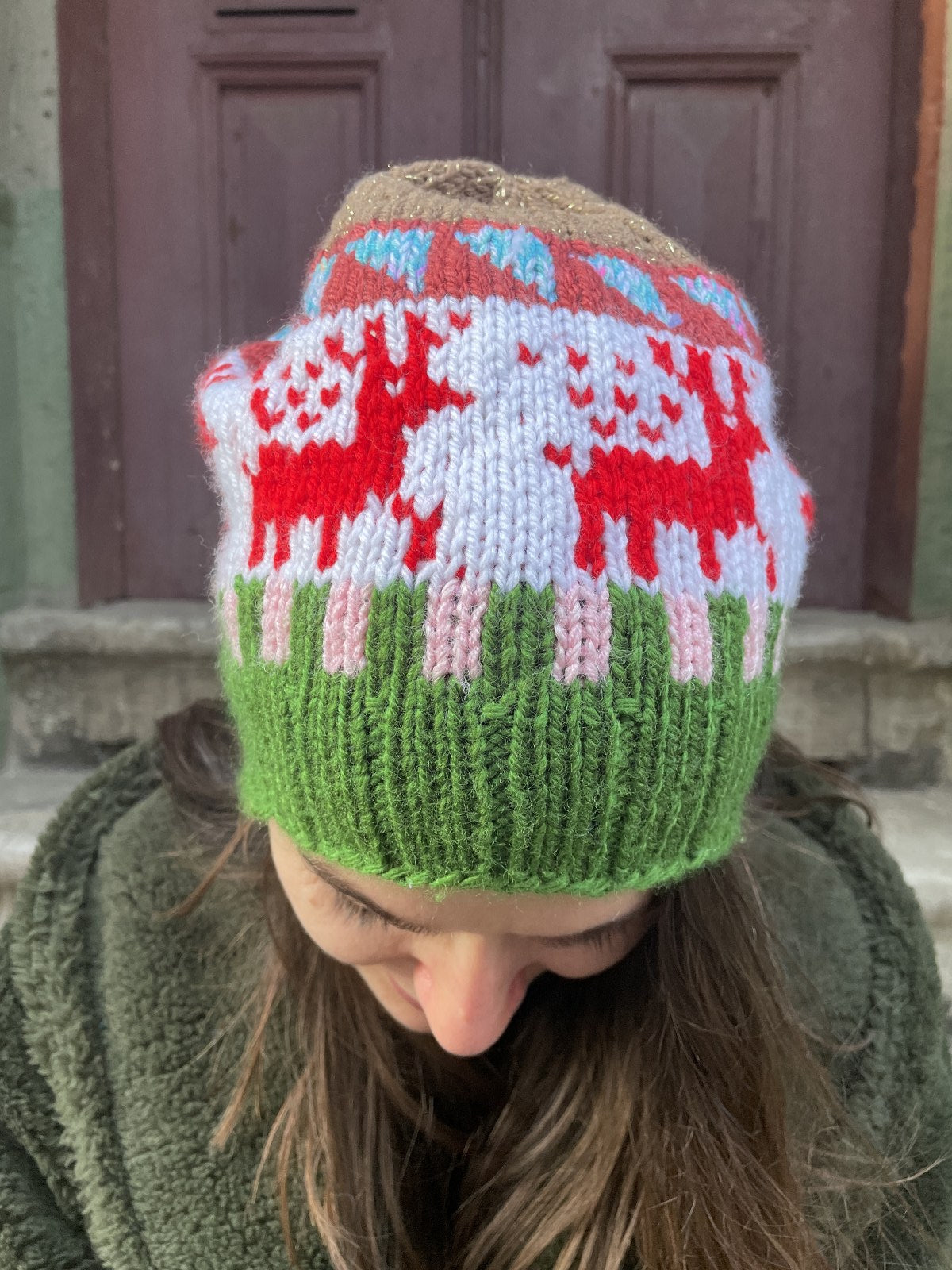 Bohem Geyik Desenli Yeşil Mavi Bere