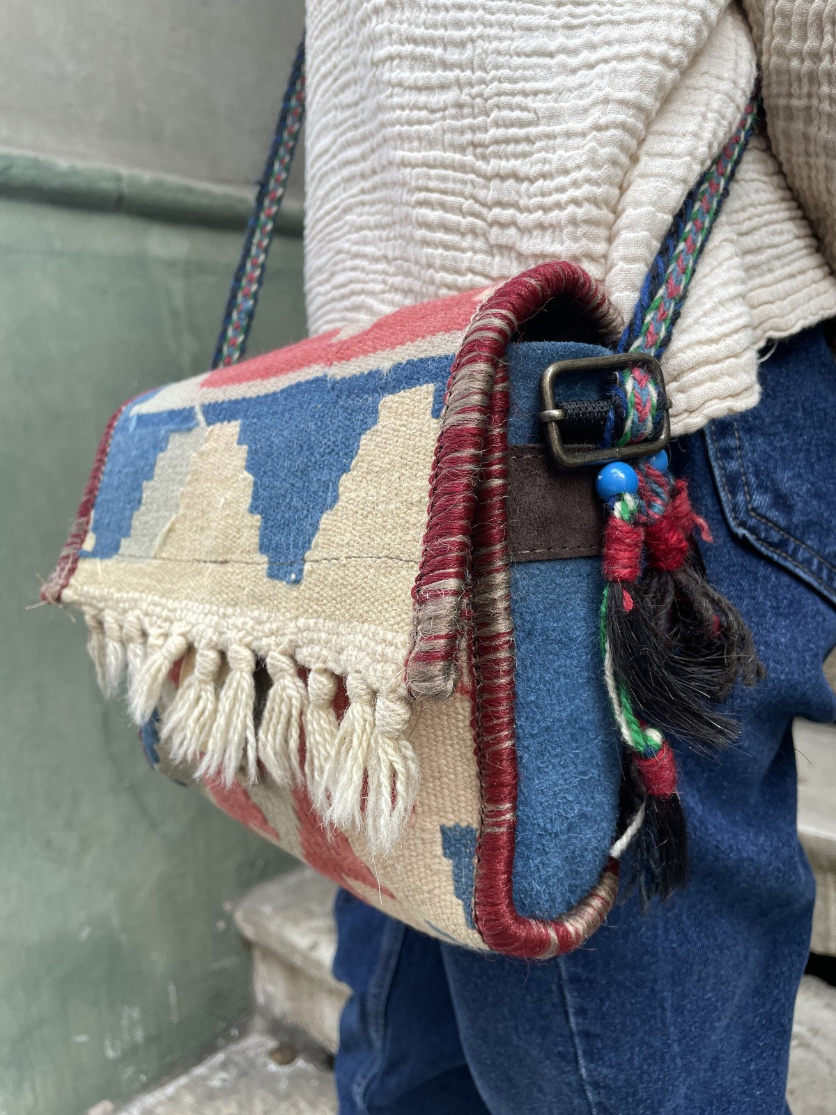 Bohem Kilim Deri Pembe Mavi Omuz Çantası