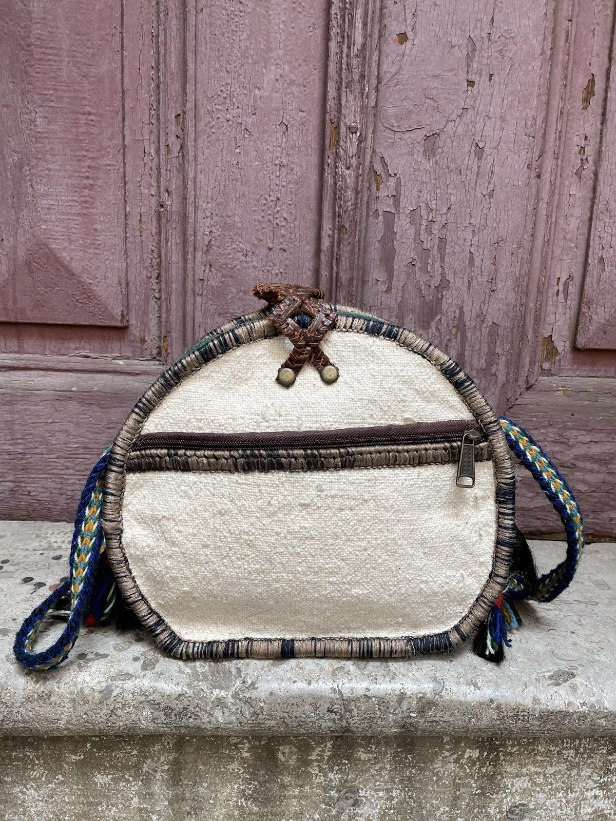 Bohem Oval Kilim Deri Kemik Mor Omuz Çantası