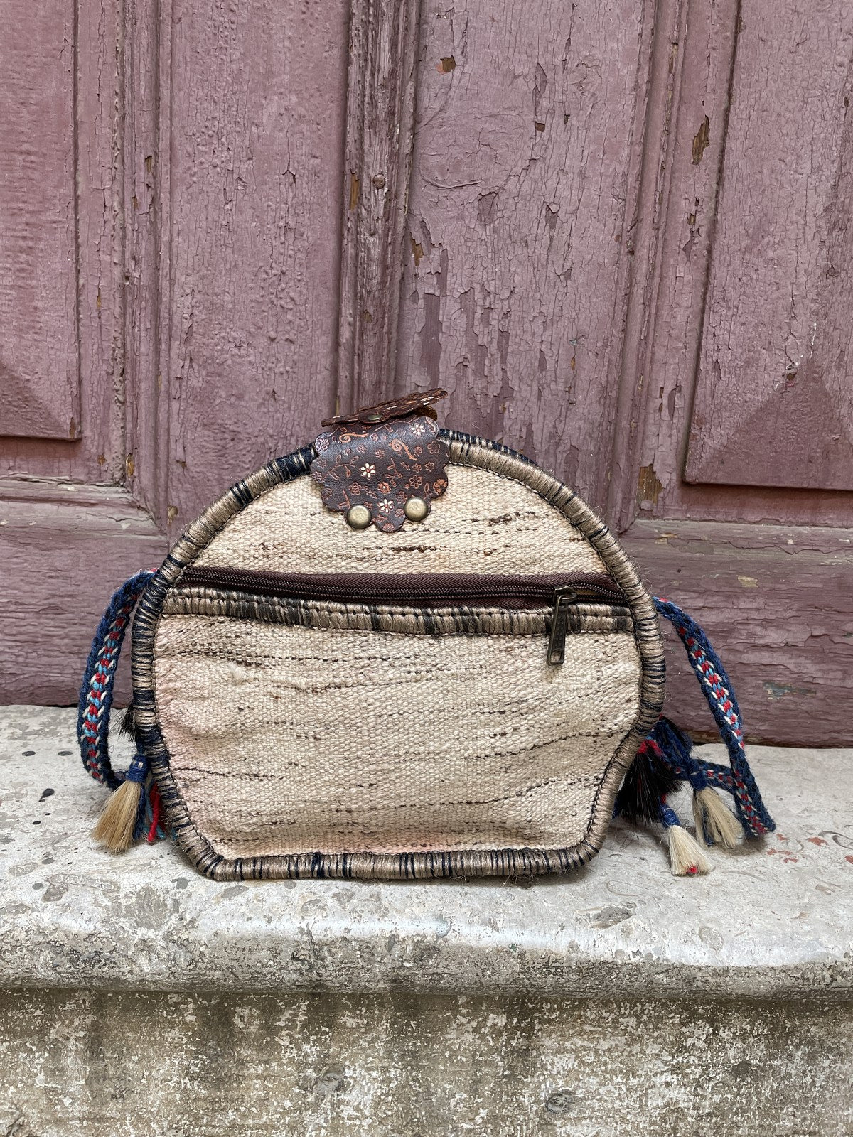 Bohem Oval Kilim Deri Krem Turuncu Omuz Çantası