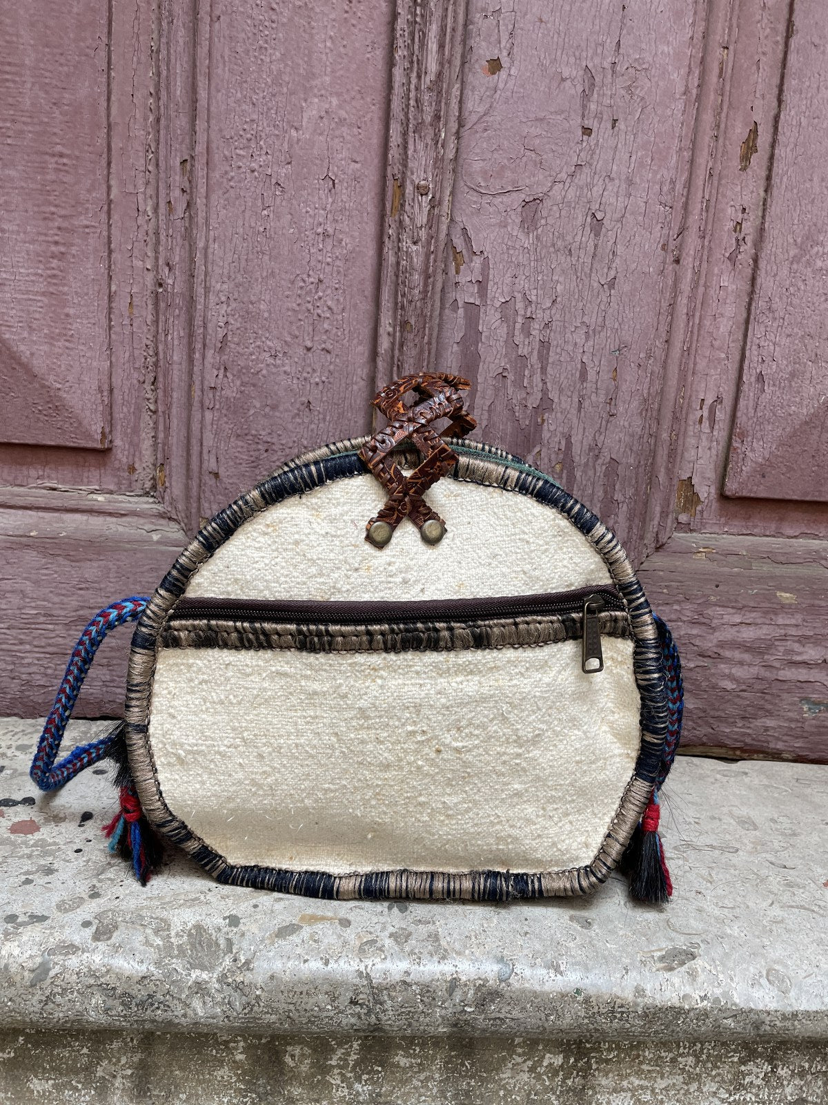 Bohem Oval Kilim Deri Kemik Yeşil Omuz Çantası