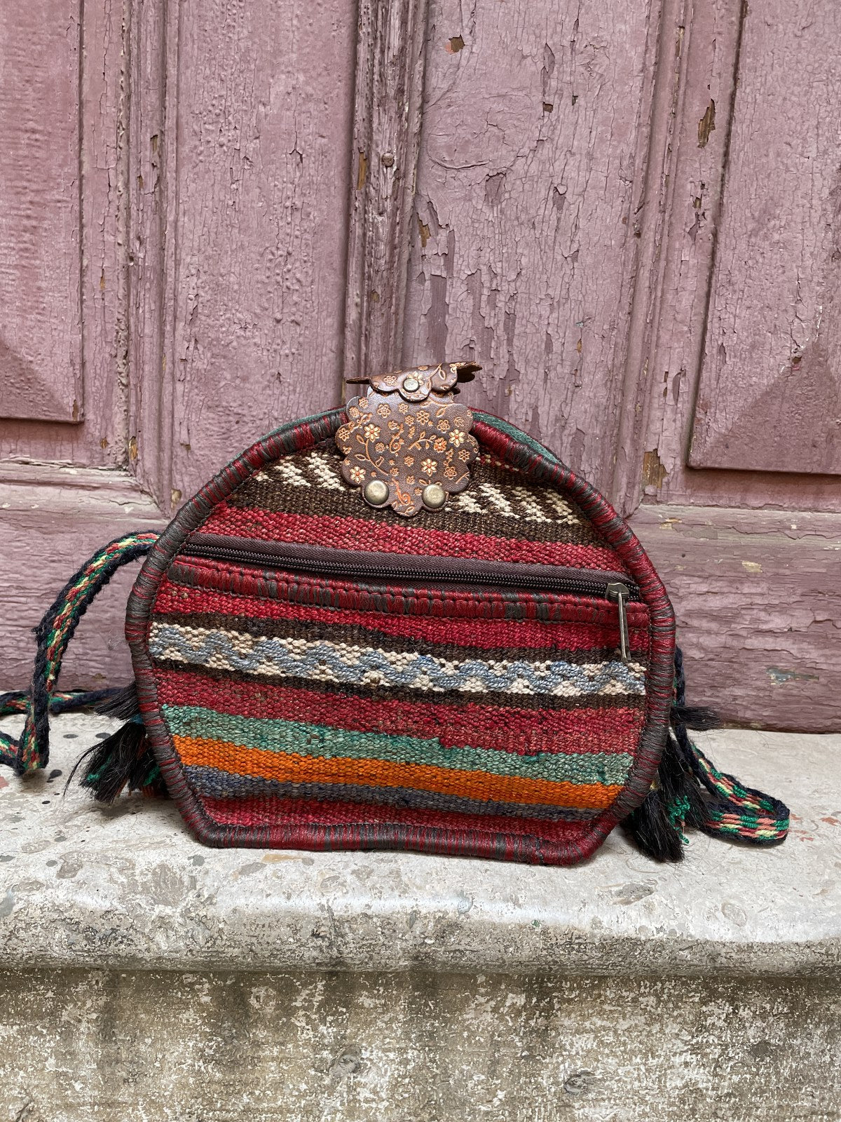 Bohem Oval Kilim Deri Yeşil Kahve Omuz Çantası