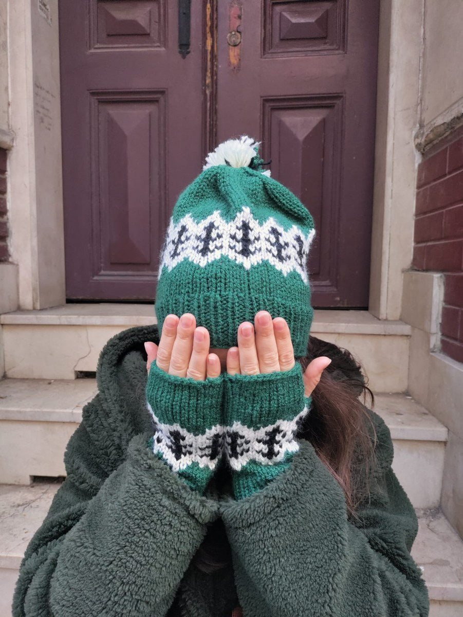 Bohem Yeşil Motifli Yün Bere Eldiven Takımı