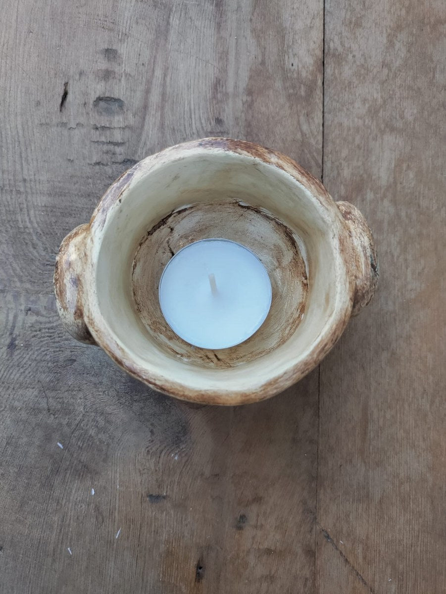 El Yapımı Krem Kahverengi Seramik Mumluk