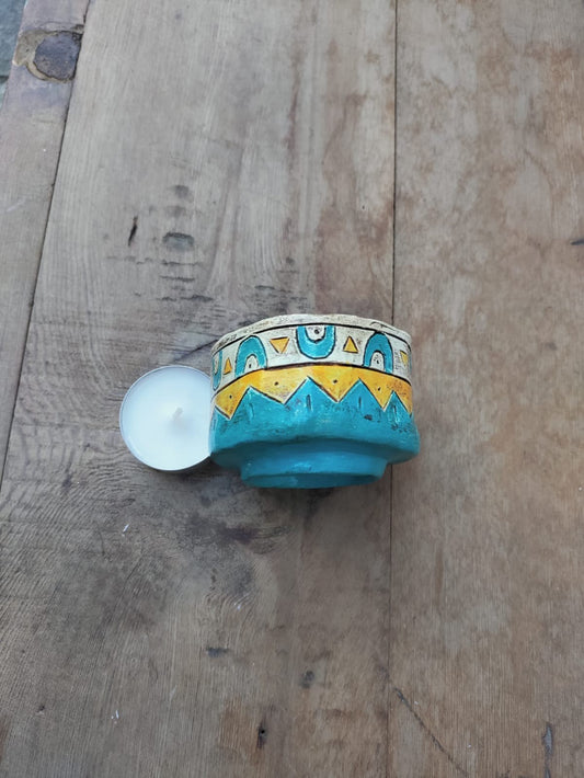 El Yapımı Sarı Mavi Seramik Mumluk