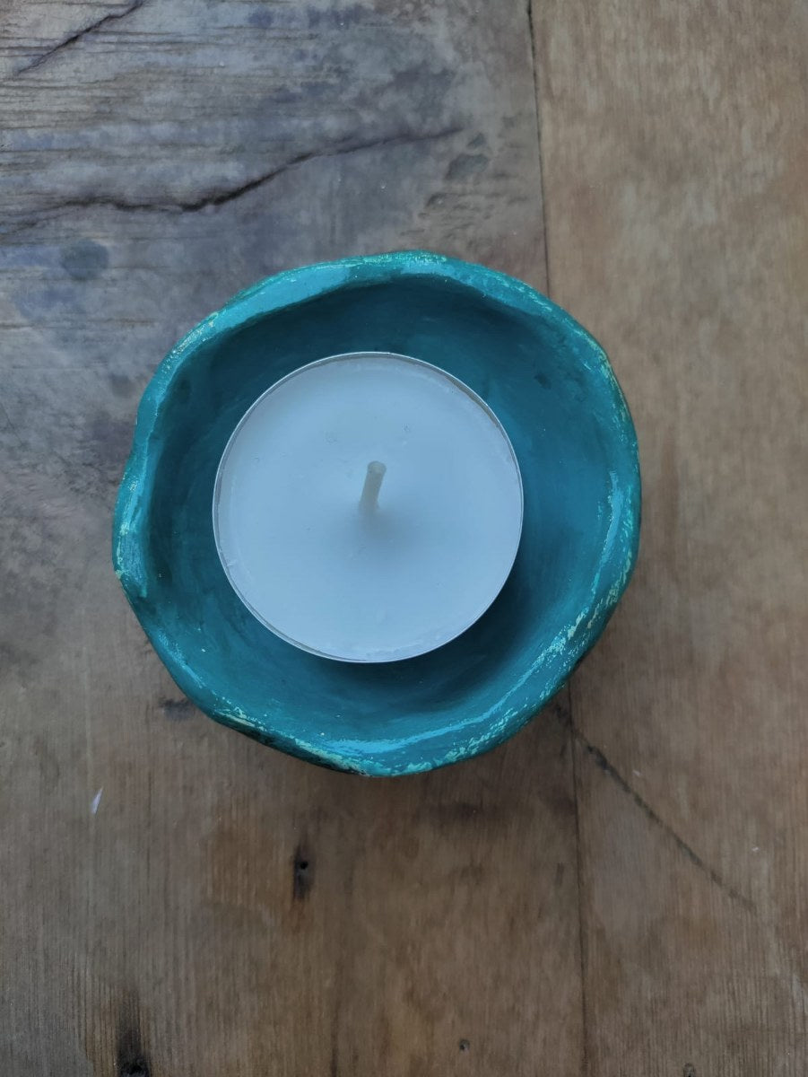 El Yapımı Yeşil Kahverengi Seramik Mumluk