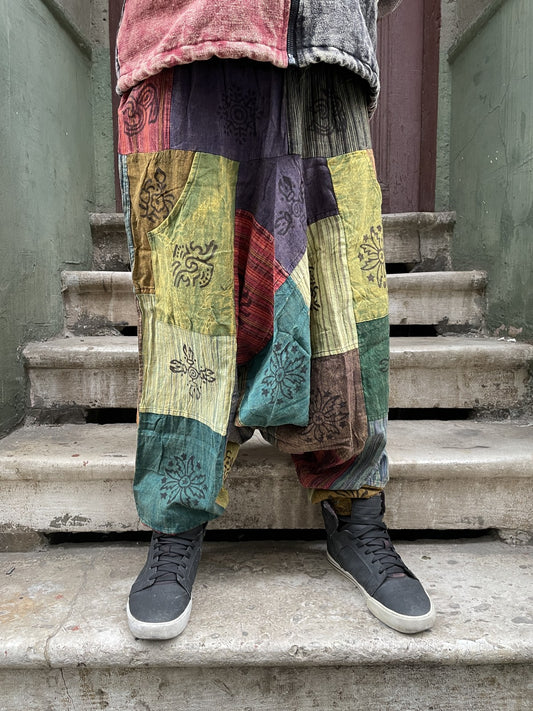 Unisex Nepal Yeşil Dalga  Patchwork Şalvar Pantolon