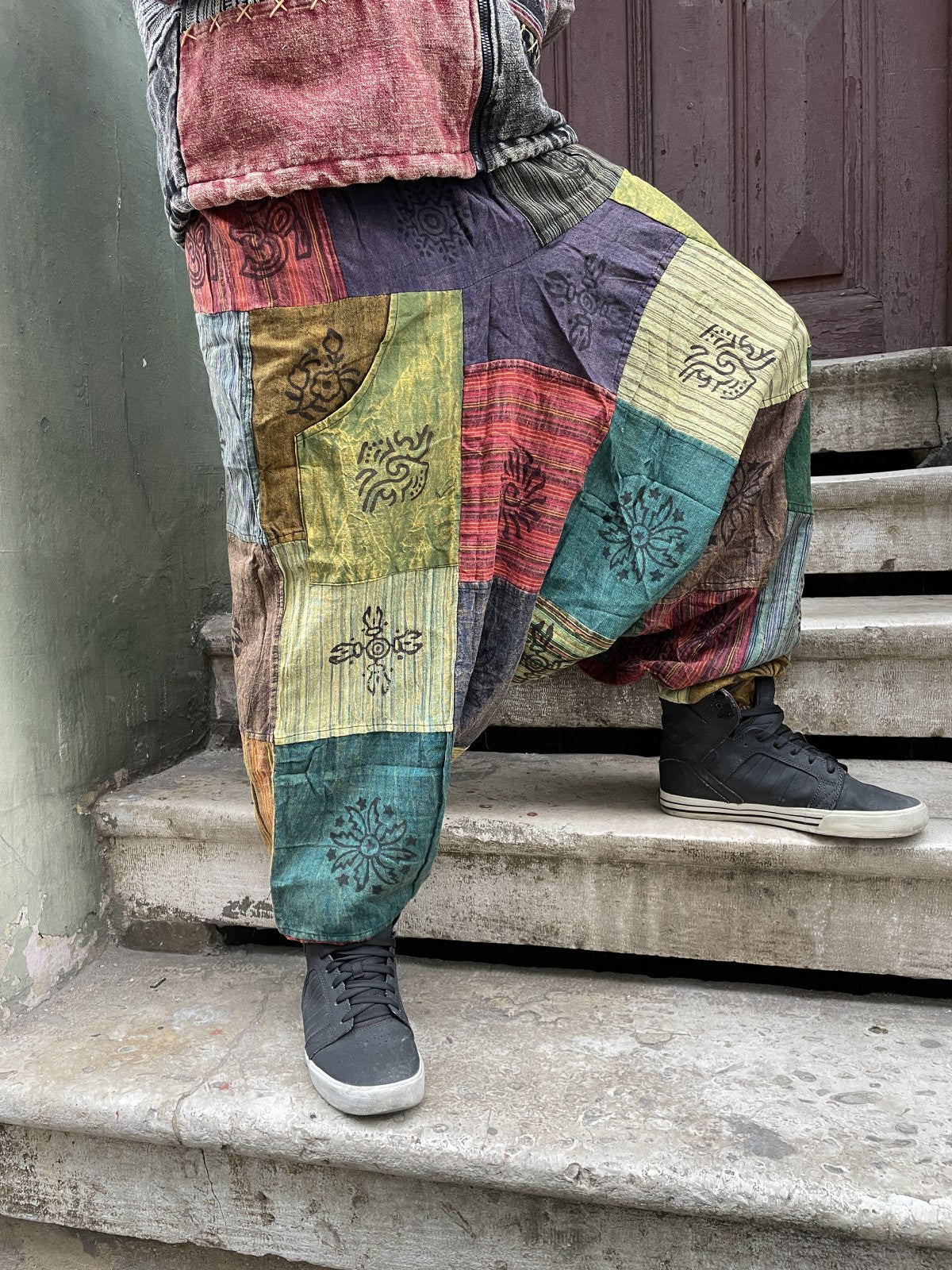 Unisex Nepal Yeşil Dalga  Patchwork Şalvar Pantolon
