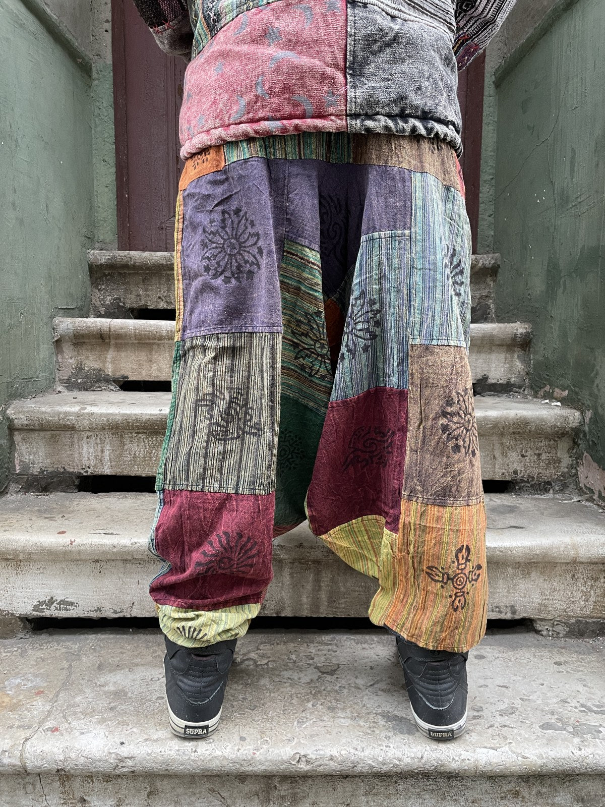 Unisex Nepal Yeşil Dalga  Patchwork Şalvar Pantolon