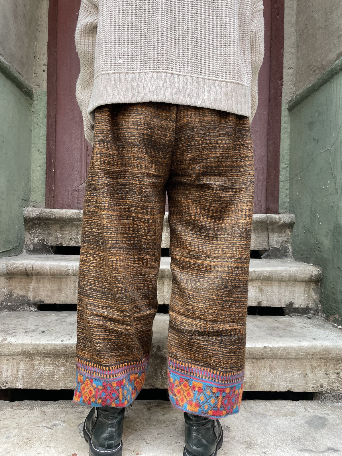 Unısex Çizgili Nepal Yün Hardal Siyah Pantolon