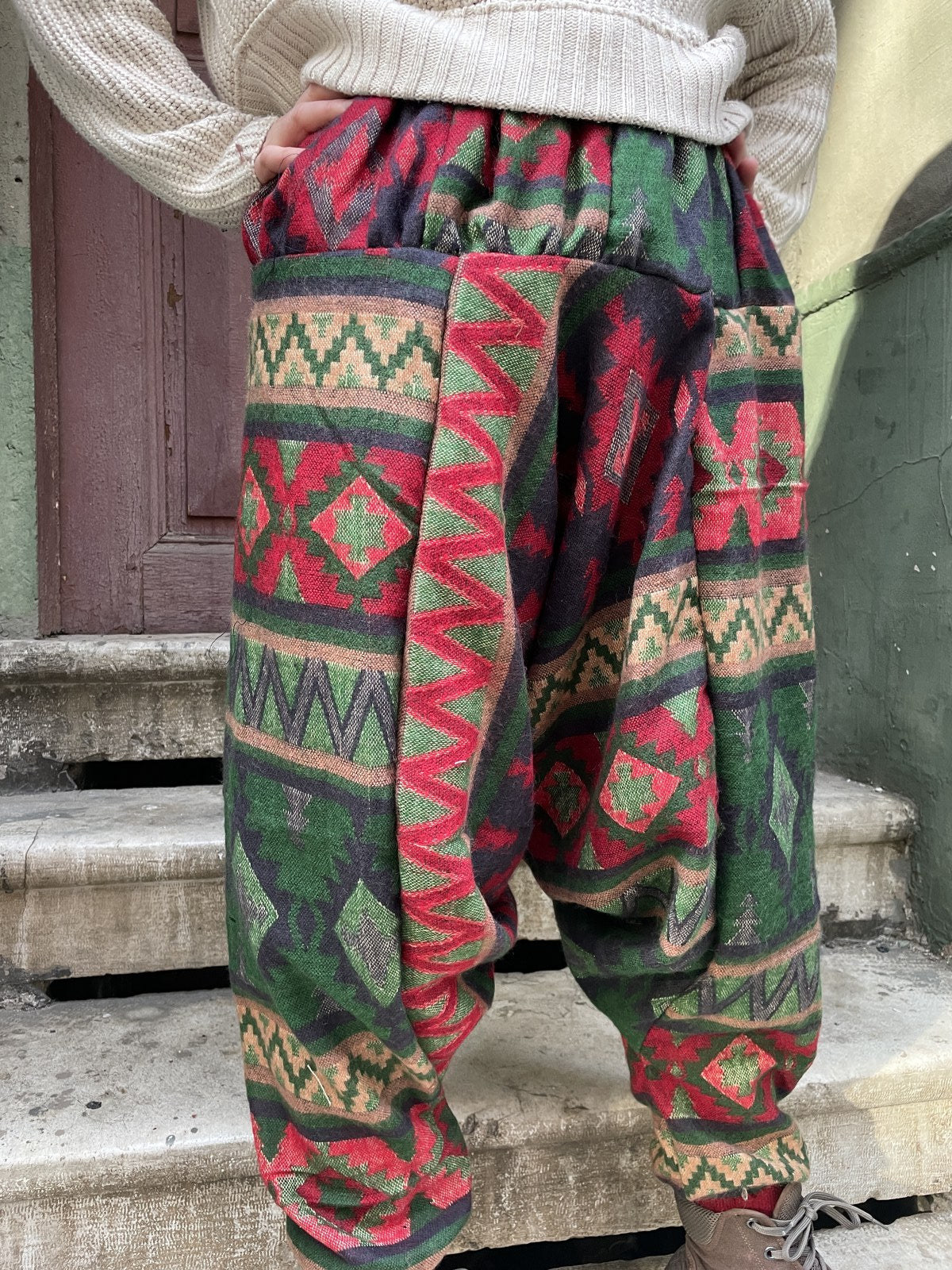 Unısex Nepal Yün Yeşil Kırmızı Şalvar Pantolon