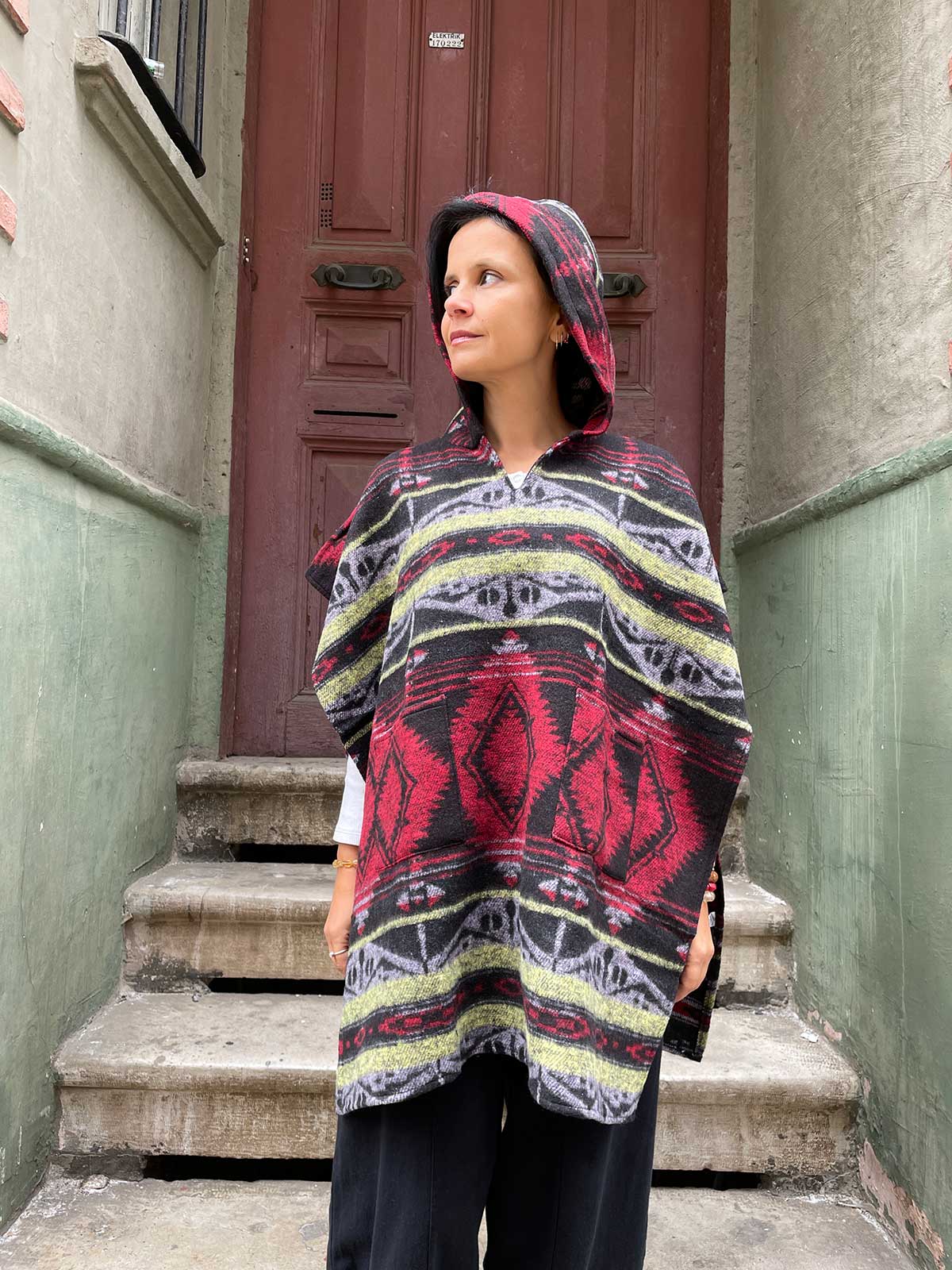 Unisex Bohem Etnik Kapüşonlu Panço