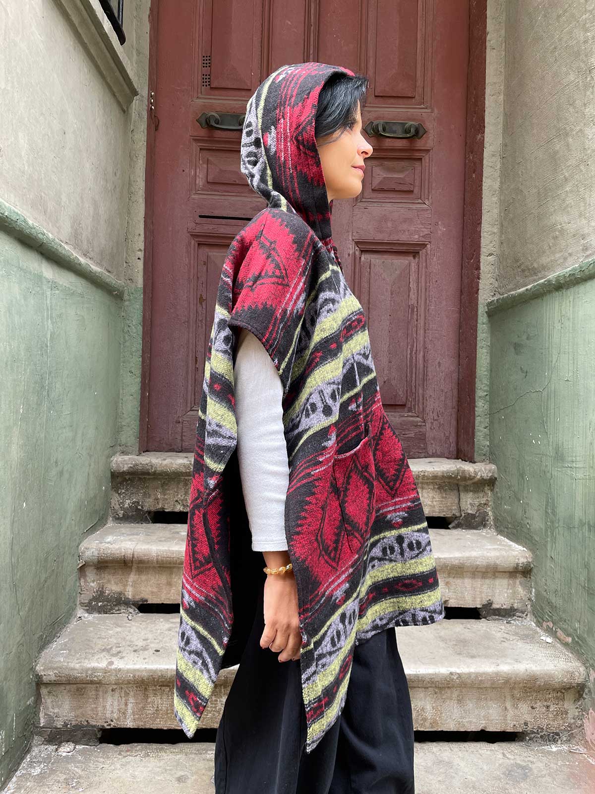 Unisex Bohem Etnik Kapüşonlu Panço