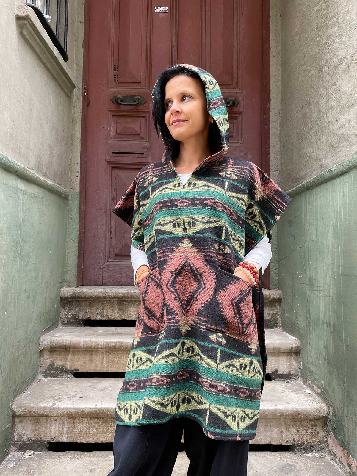 Unisex Bohem Etnik Kapüşonlu Panço