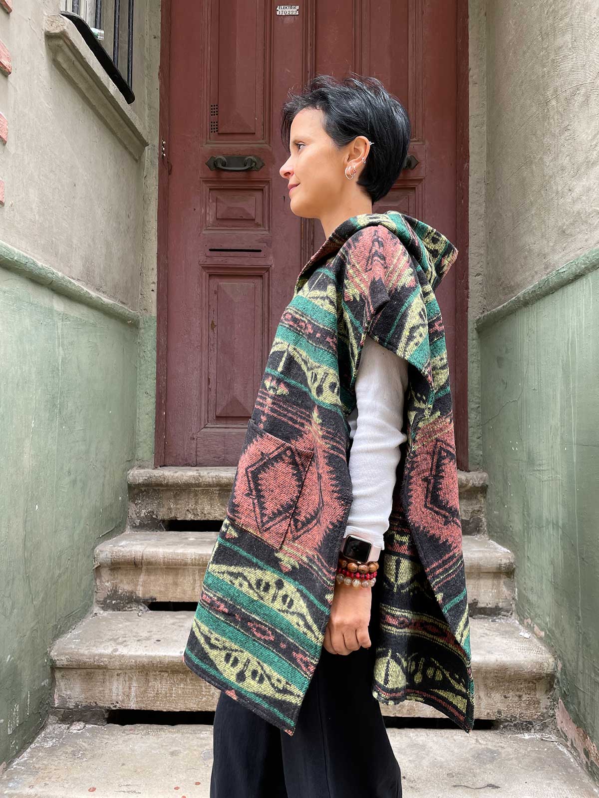 Unisex Bohem Etnik Kapüşonlu Panço