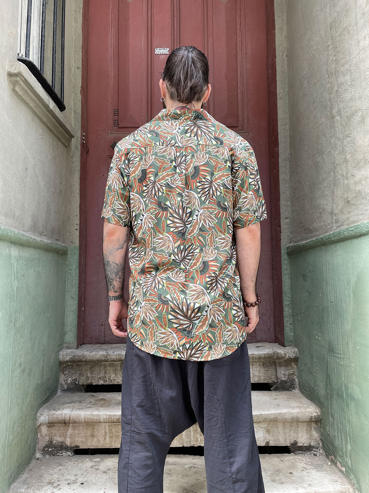 Bohem Yaprak Desenli Renkli Hawaii Kısa Kollu Gömlek