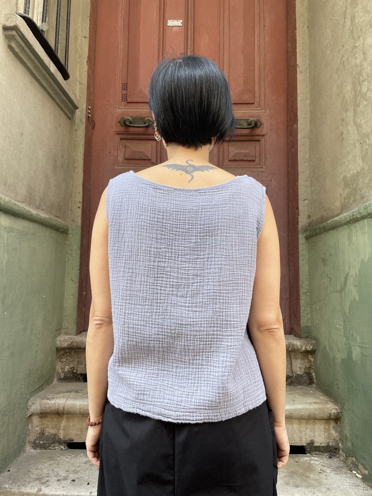 Bohem Lila Müslin Crop Bluz