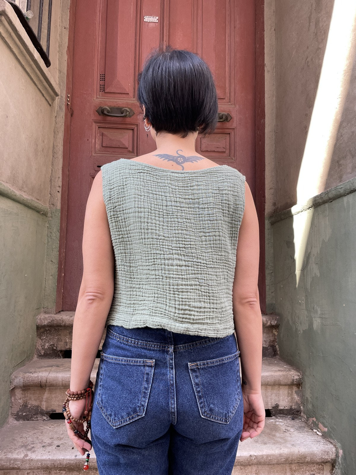 Bohem Fıstık Yeşili Müslin Crop Bluz