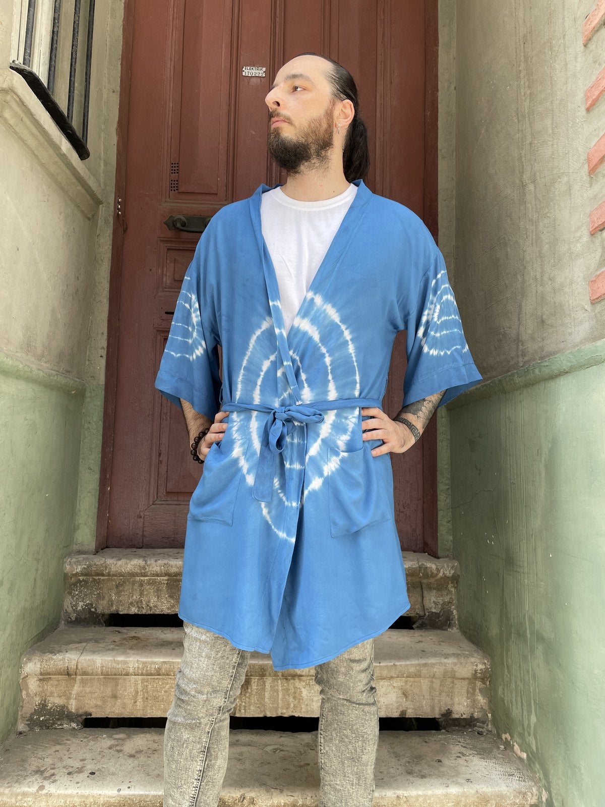 Unisex Bohem Mavi Batik Kimono