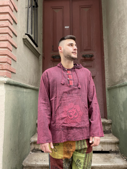 Unisex Bohem Nepal Aum Bordo Kapüşonlu Gömlek