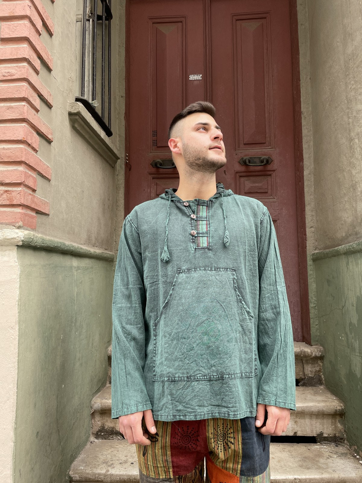 Unisex Bohem Nepal Aum Yeşil Kapüşonlu Gömlek