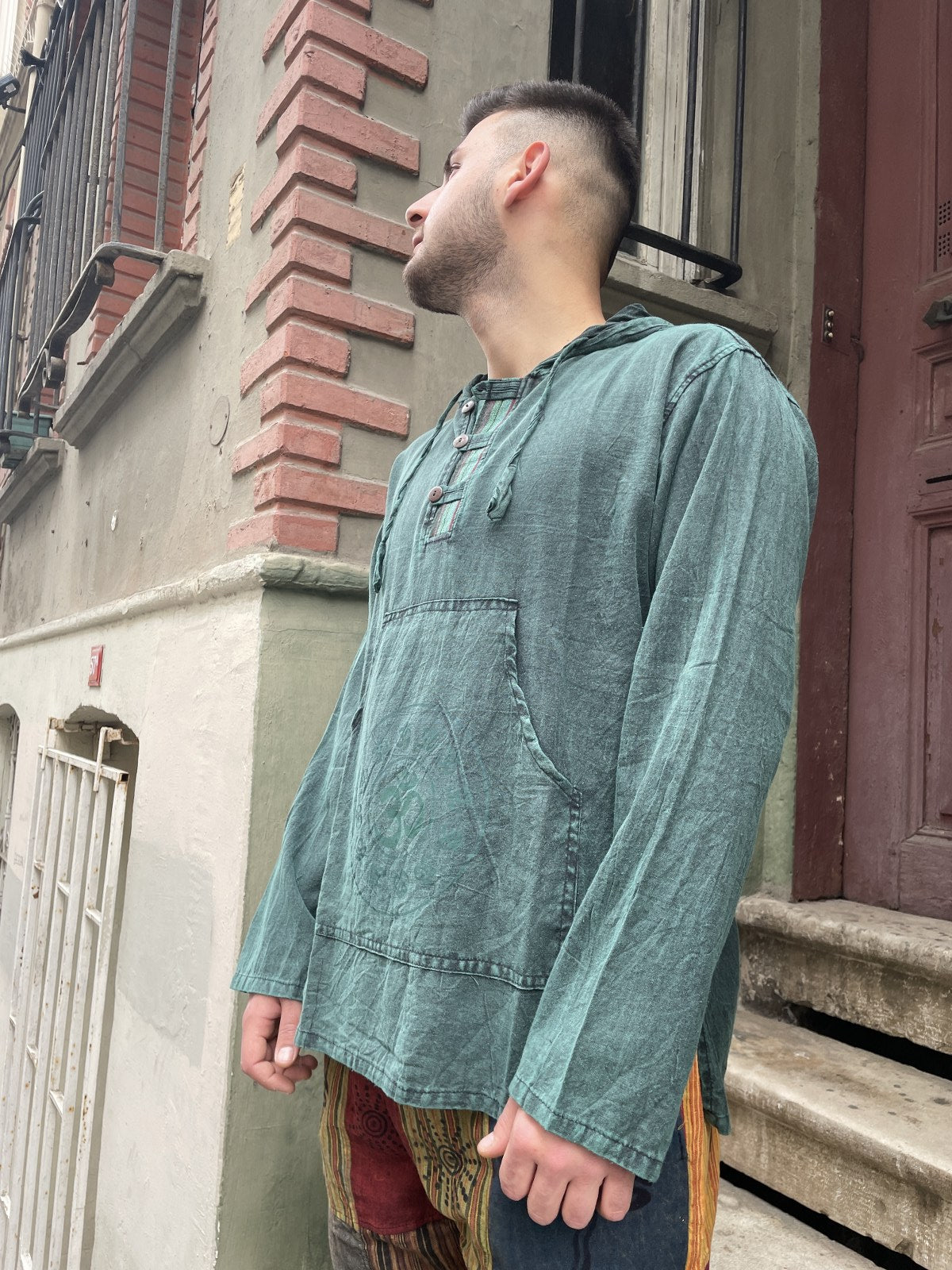 Unisex Bohem Nepal Aum Yeşil Kapüşonlu Gömlek