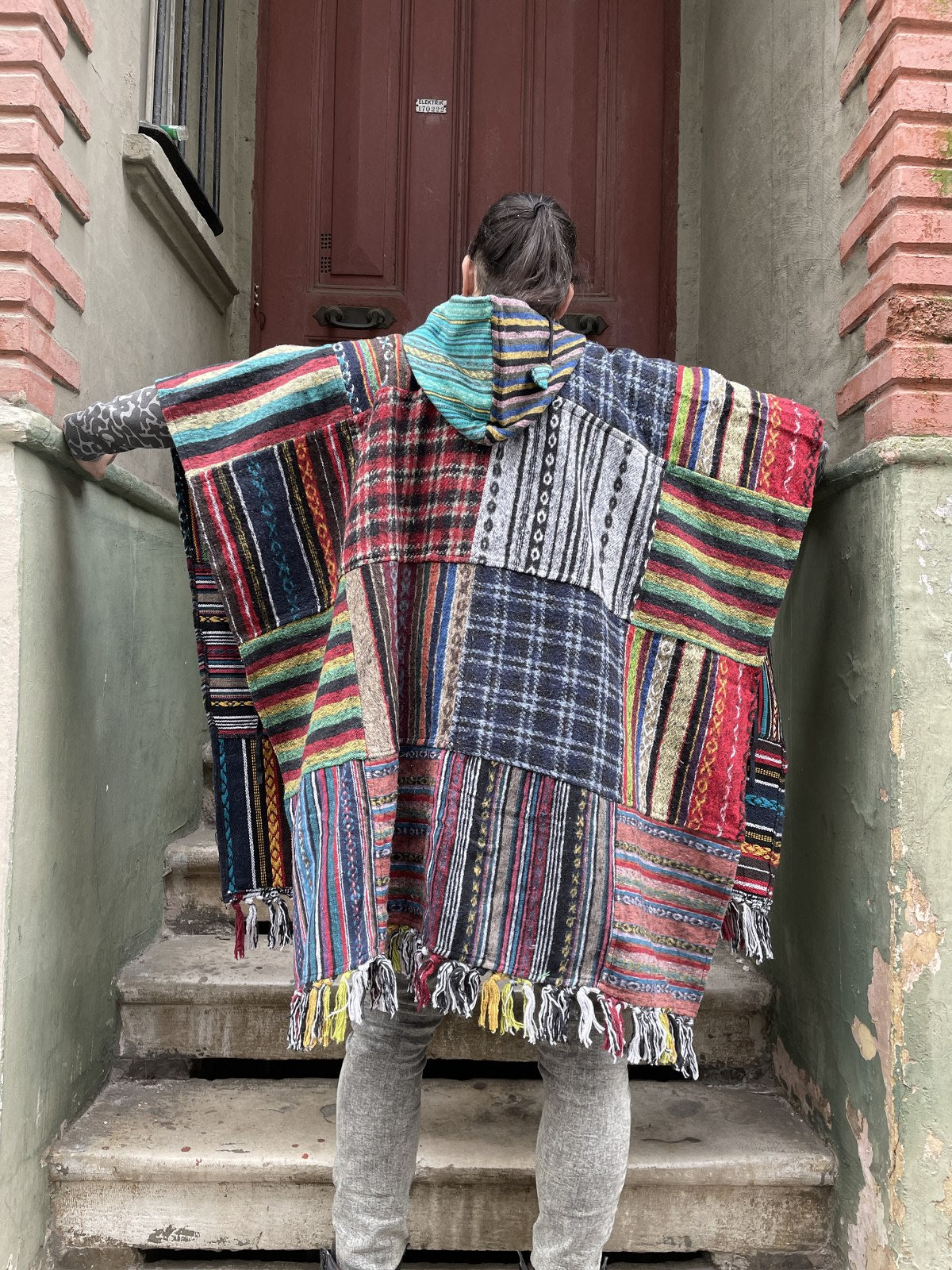 Unisex Nepal Gheri Sarı Kırmızı Panço