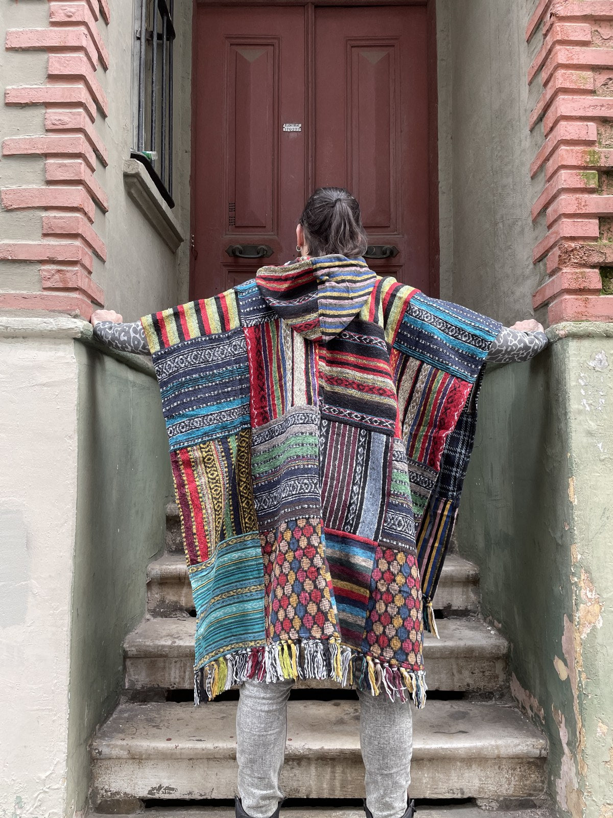 Unisex Nepal Gheri Sarı Turkuaz Panço