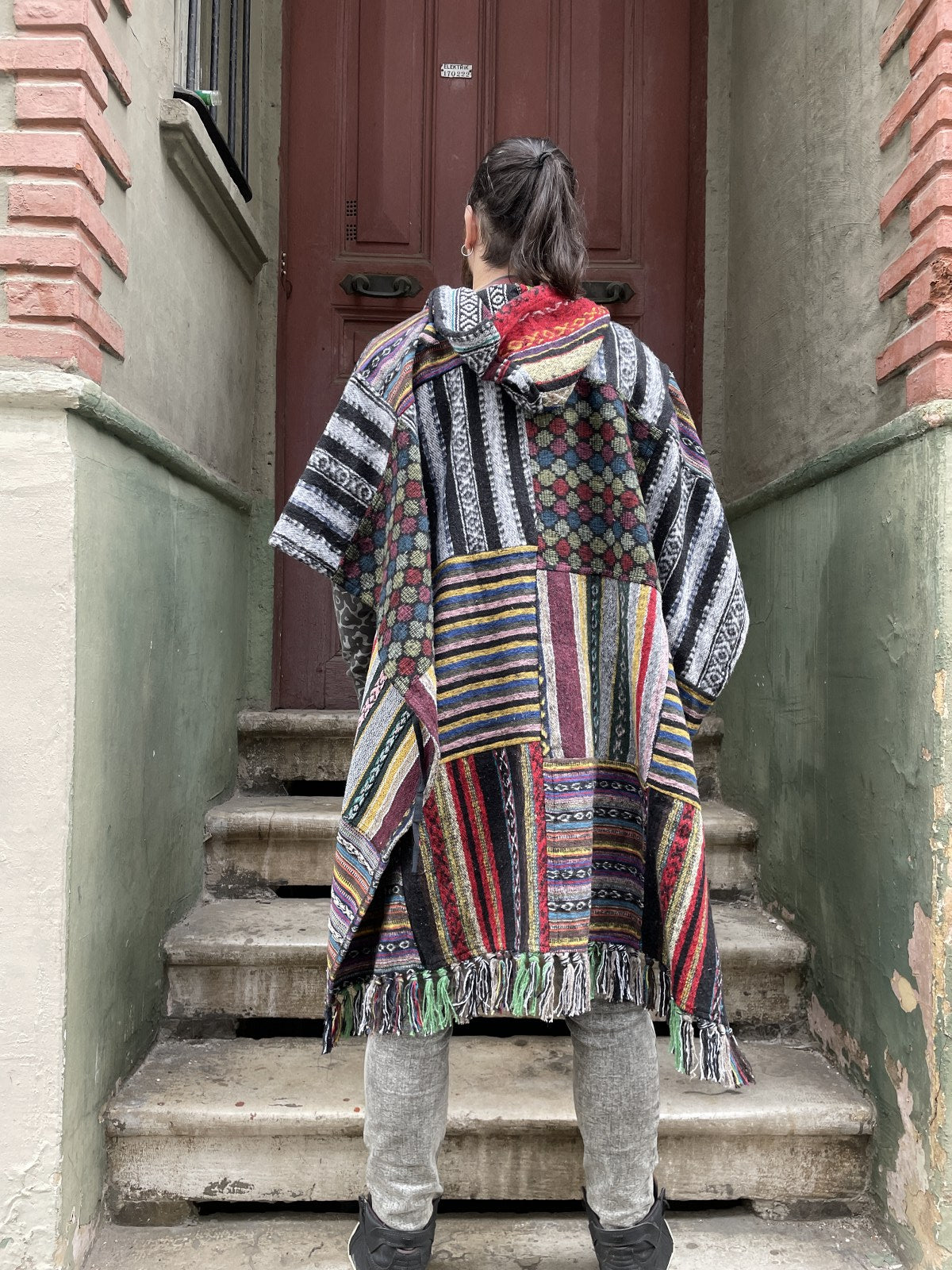 Unisex Nepal Gheri Siyah Beyaz Sarı Panço