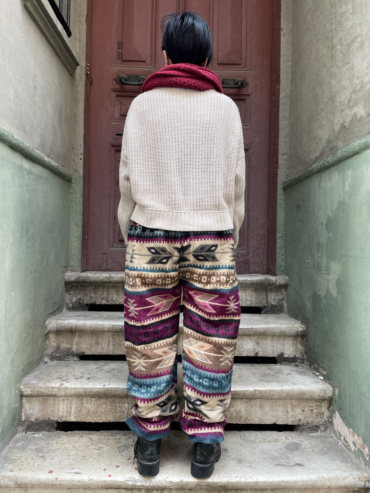 Unısex Çizgili Nepal Yün Ok Desenli Bej Mor Pantolon