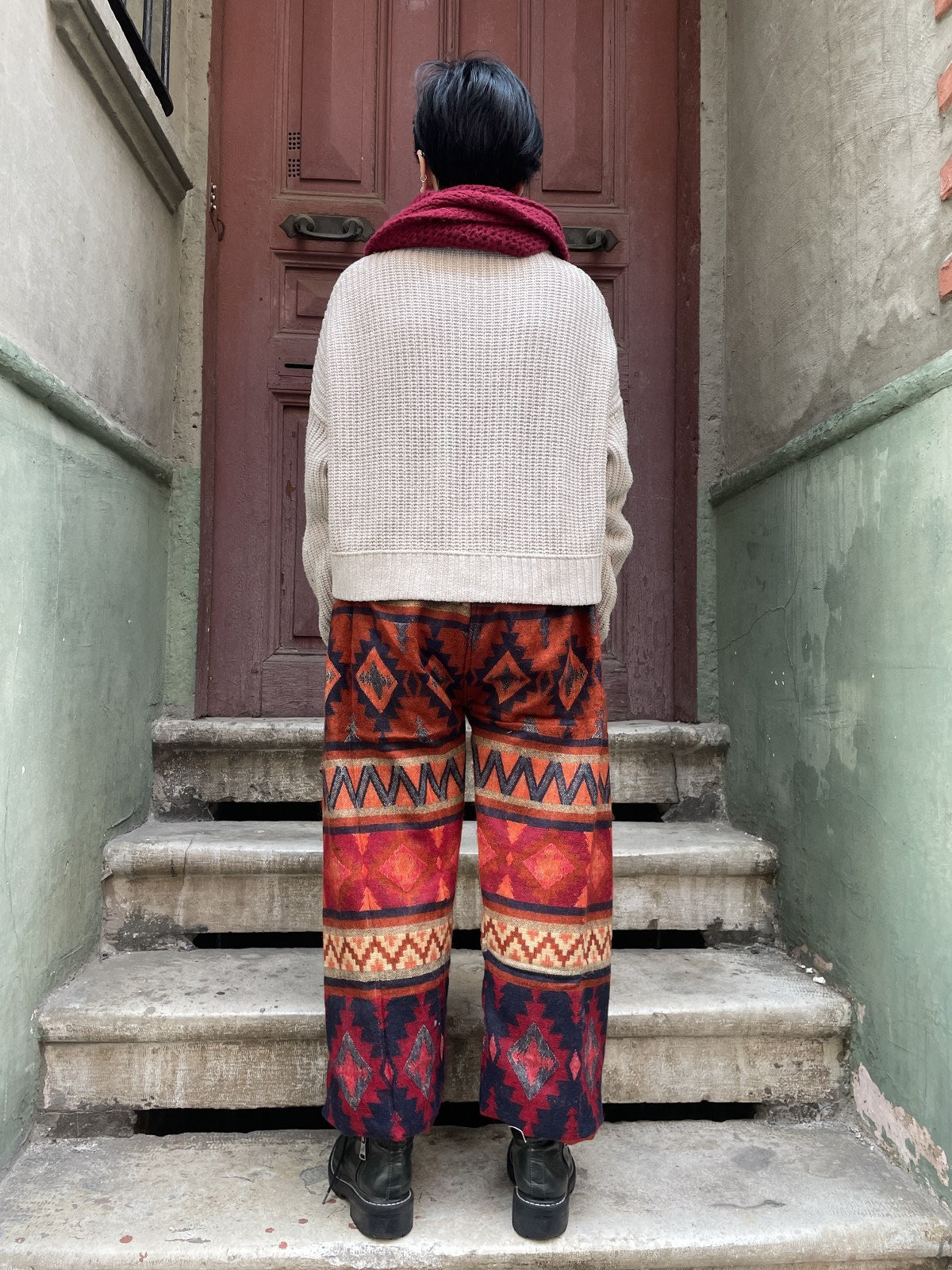 Unısex Çizgili Nepal Yün Etnik Desenli Kırmızı Turuncu Pantolon