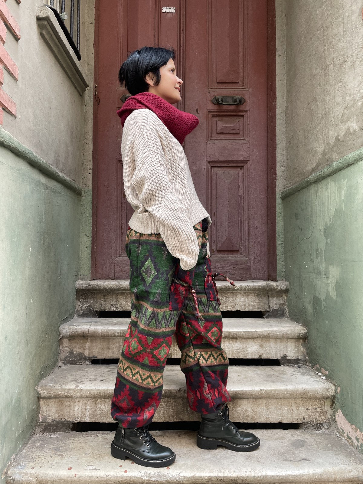 Unısex Çizgili Nepal Yün Etnik Desenli Yeşil Bordo Pantolon
