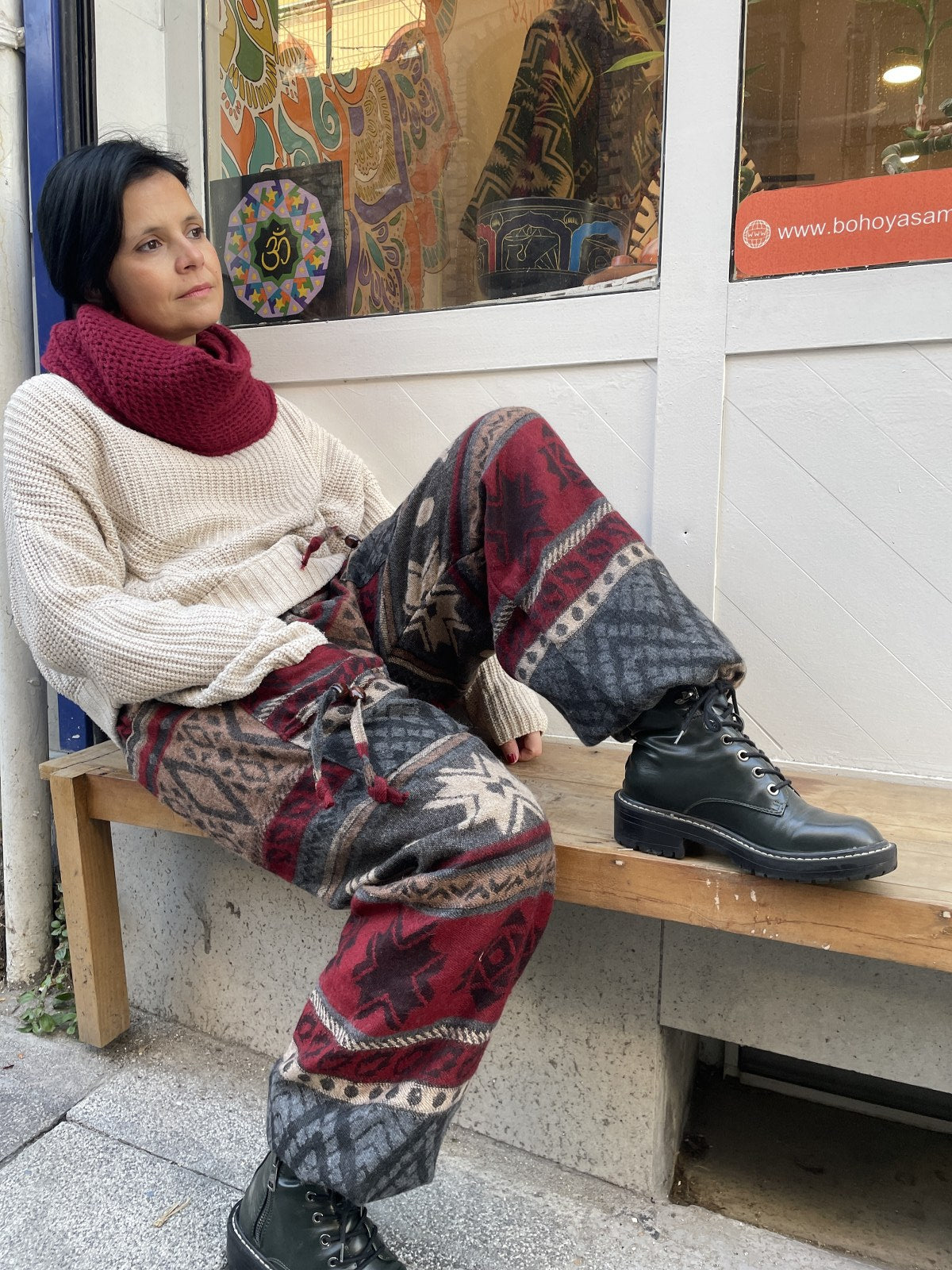 Unısex Çizgili Nepal Yün Kilim Desenli Bordo Gri Pantolon