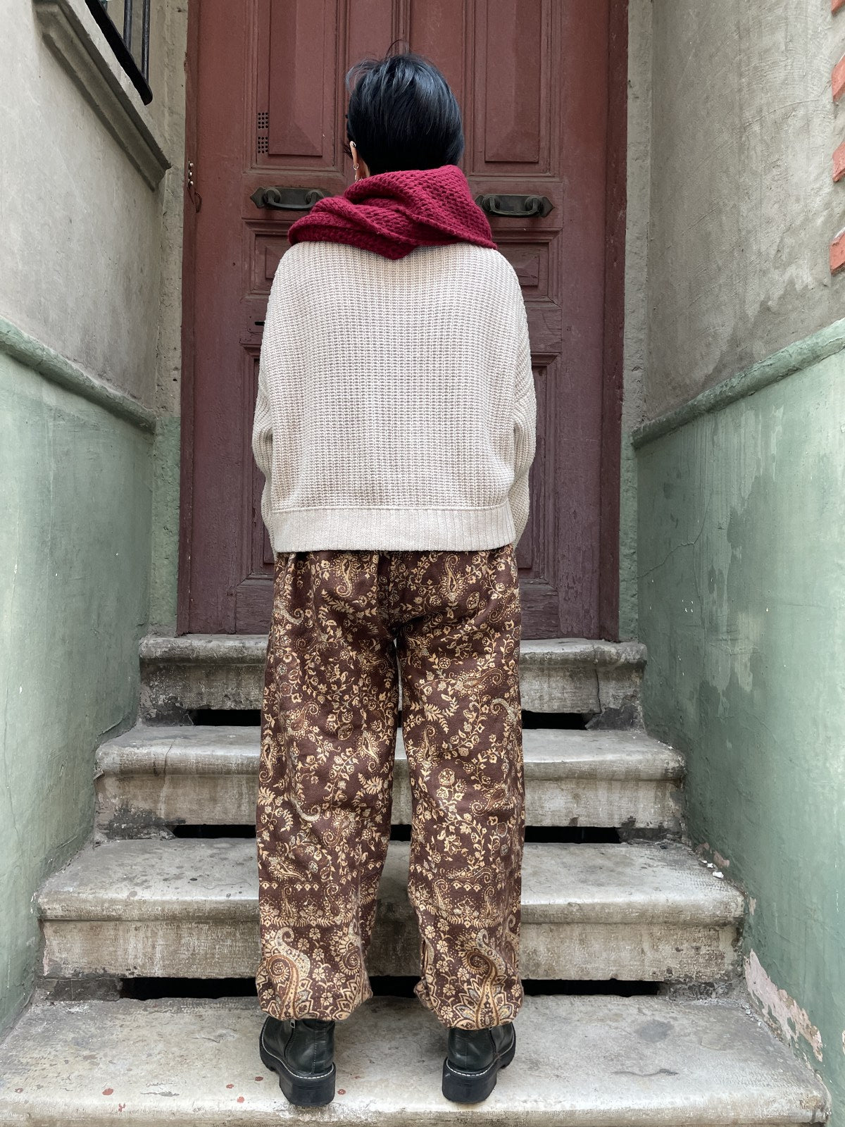 Unısex Çizgili Nepal Yün Paısley Desenli Kahve Pantolon