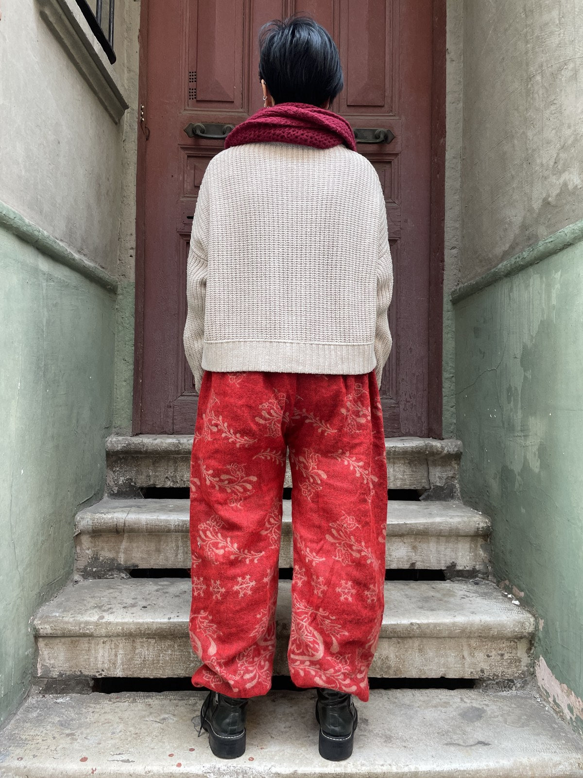 Unısex Çizgili Nepal Yün Yaprak Desenli Kırmızı Pantolon