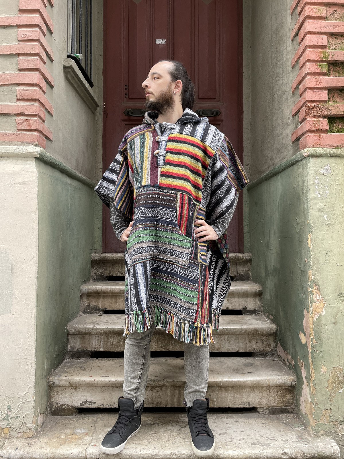Unisex Nepal Gheri Yeşil Beyaz Panço