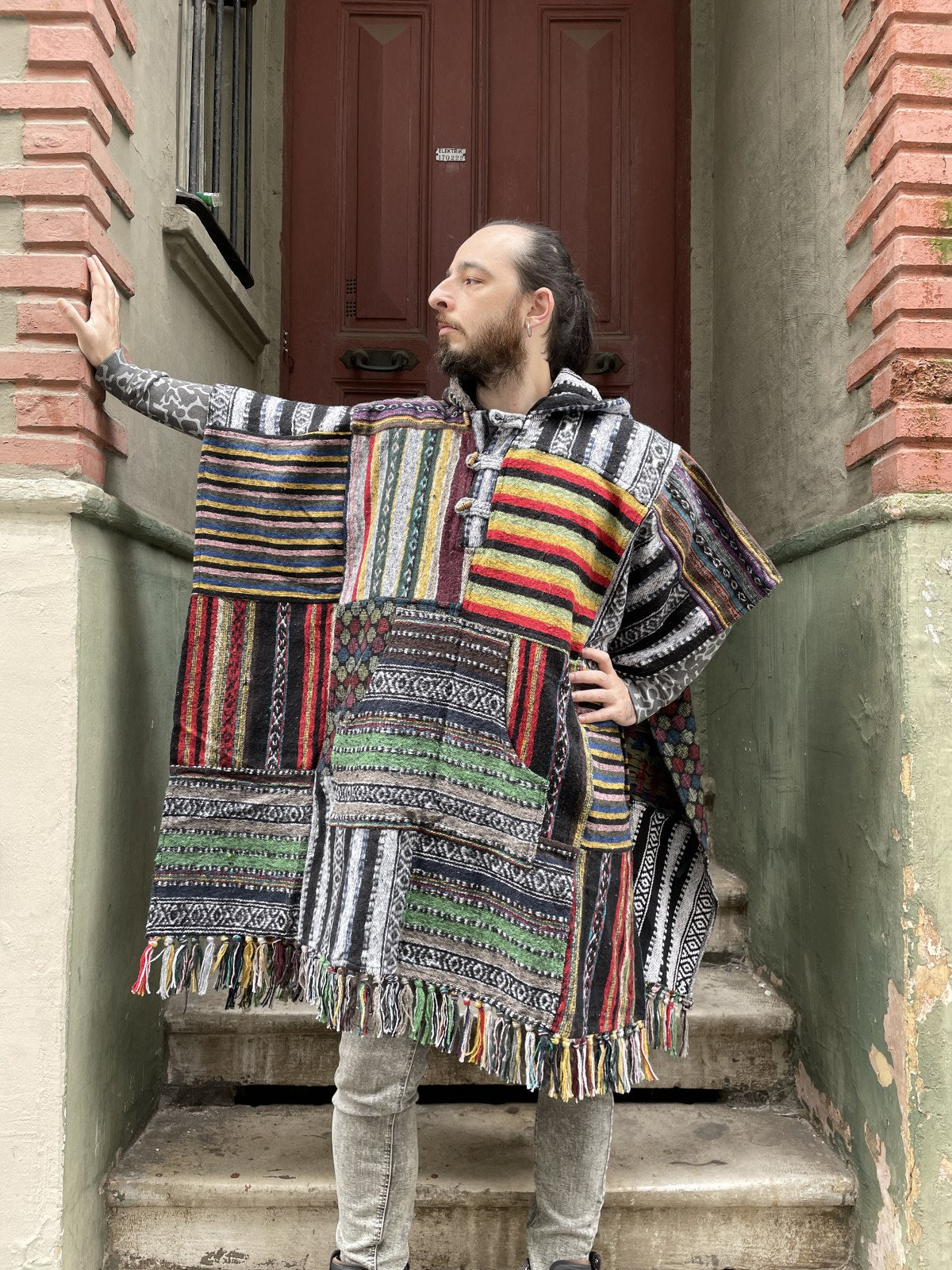 Unisex Nepal Gheri Yeşil Beyaz Panço