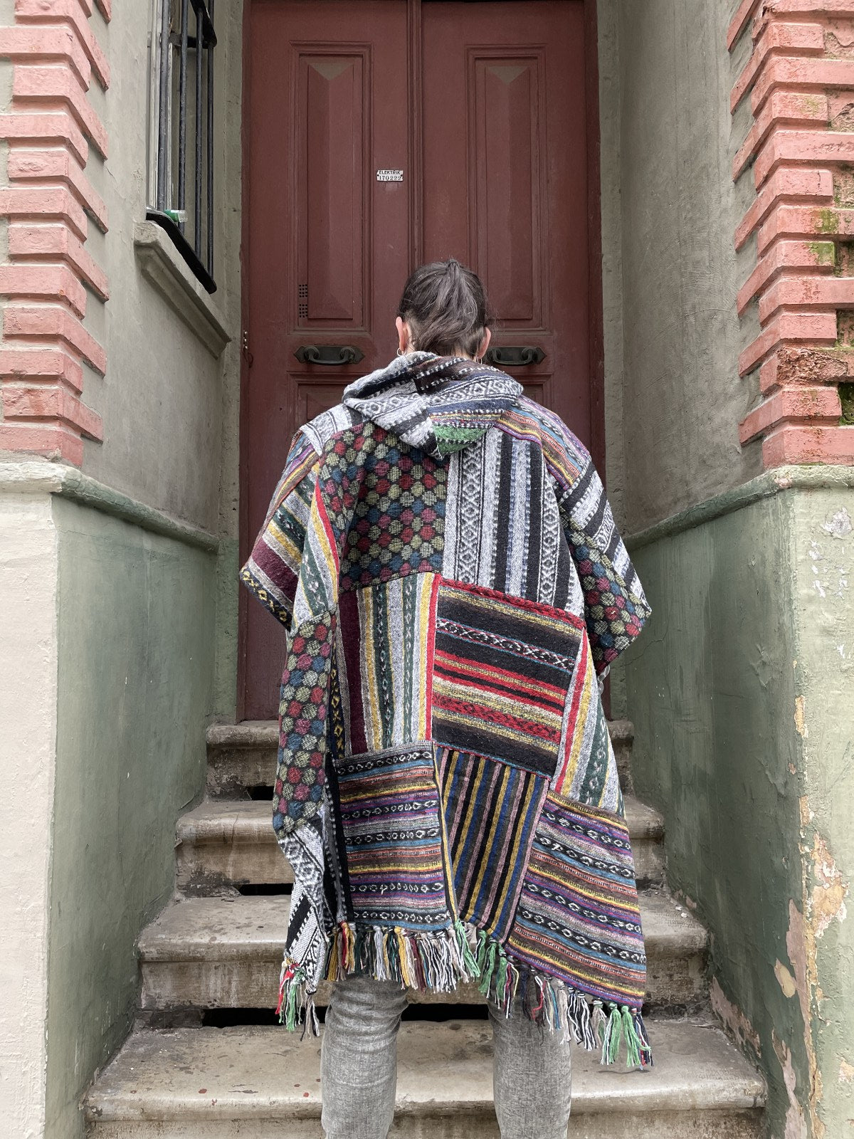 Unisex Nepal Gheri Yeşil Beyaz Panço