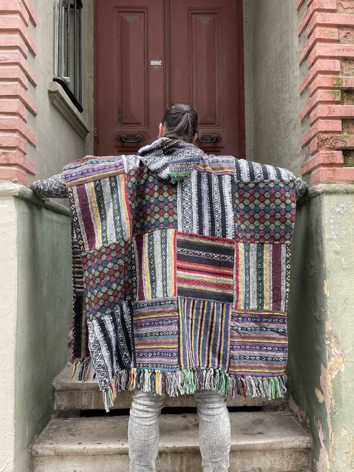 Unisex Nepal Gheri Yeşil Beyaz Panço