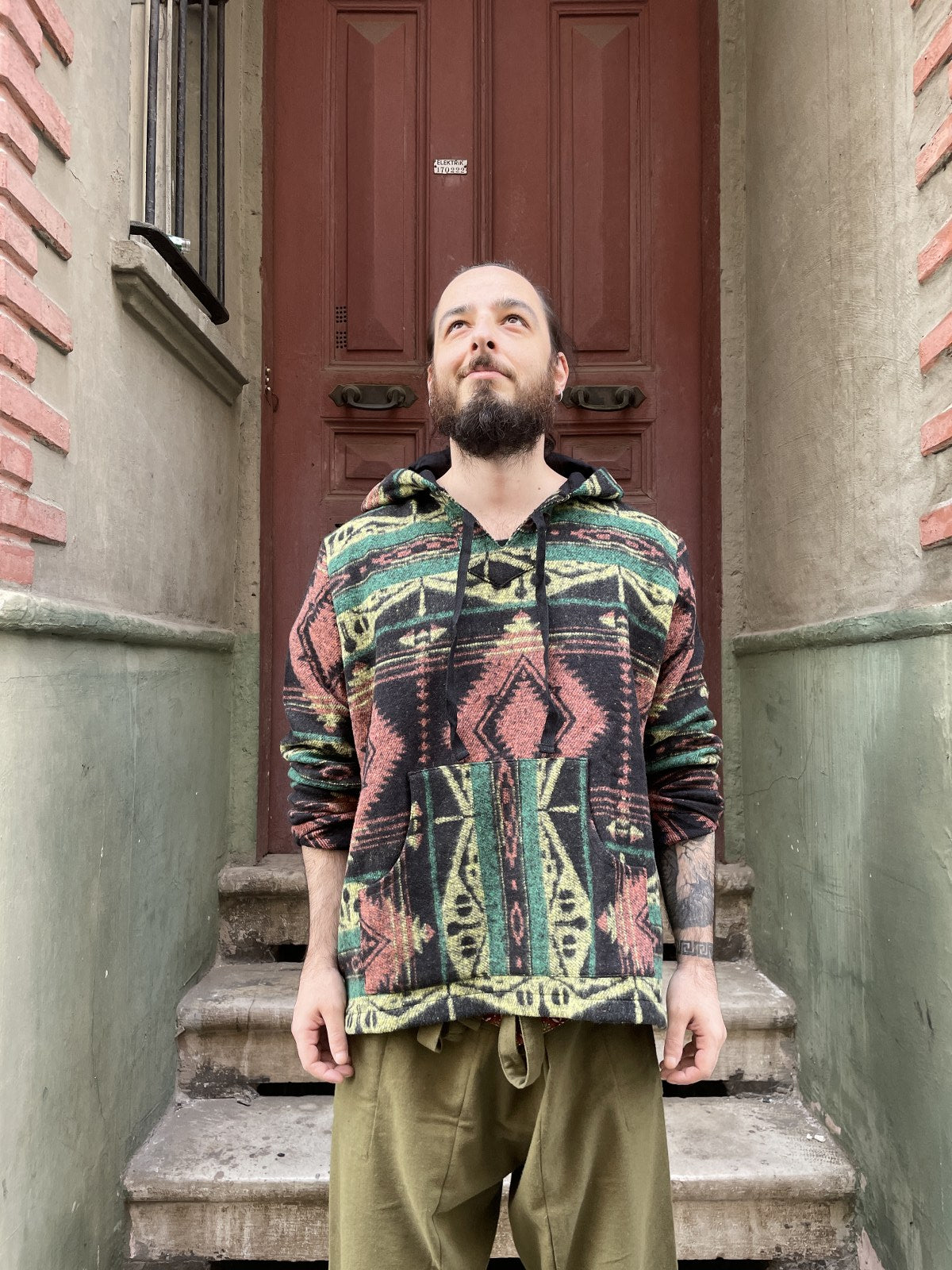 Unisex Etnik Desenli Kışlık Kapüşonlu Sweatshirt