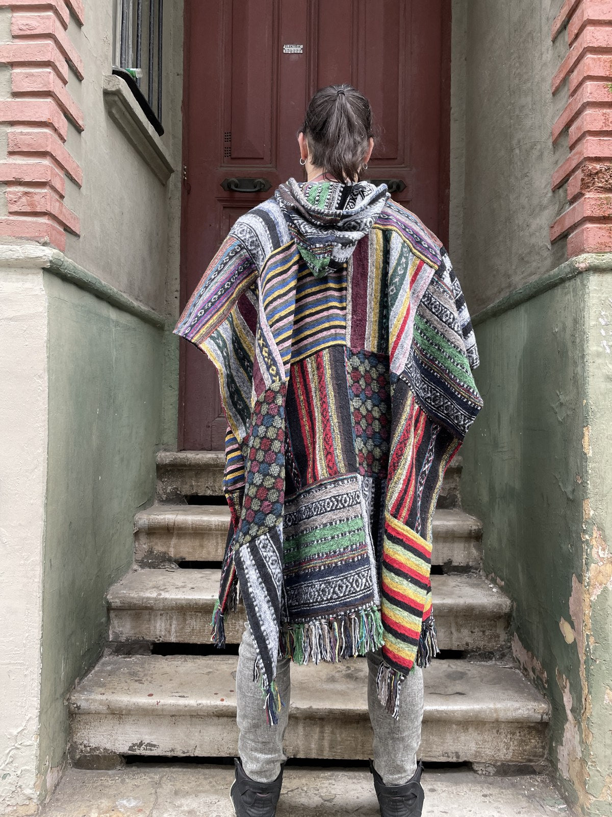 Unisex Nepal Gheri Yeşil Kırmızı Panço