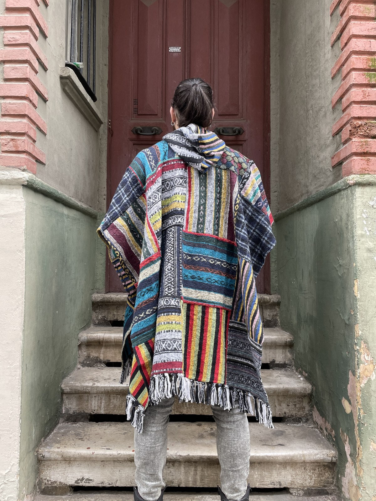 Unisex Nepal Gheri Yeşil Kırmızı Panço