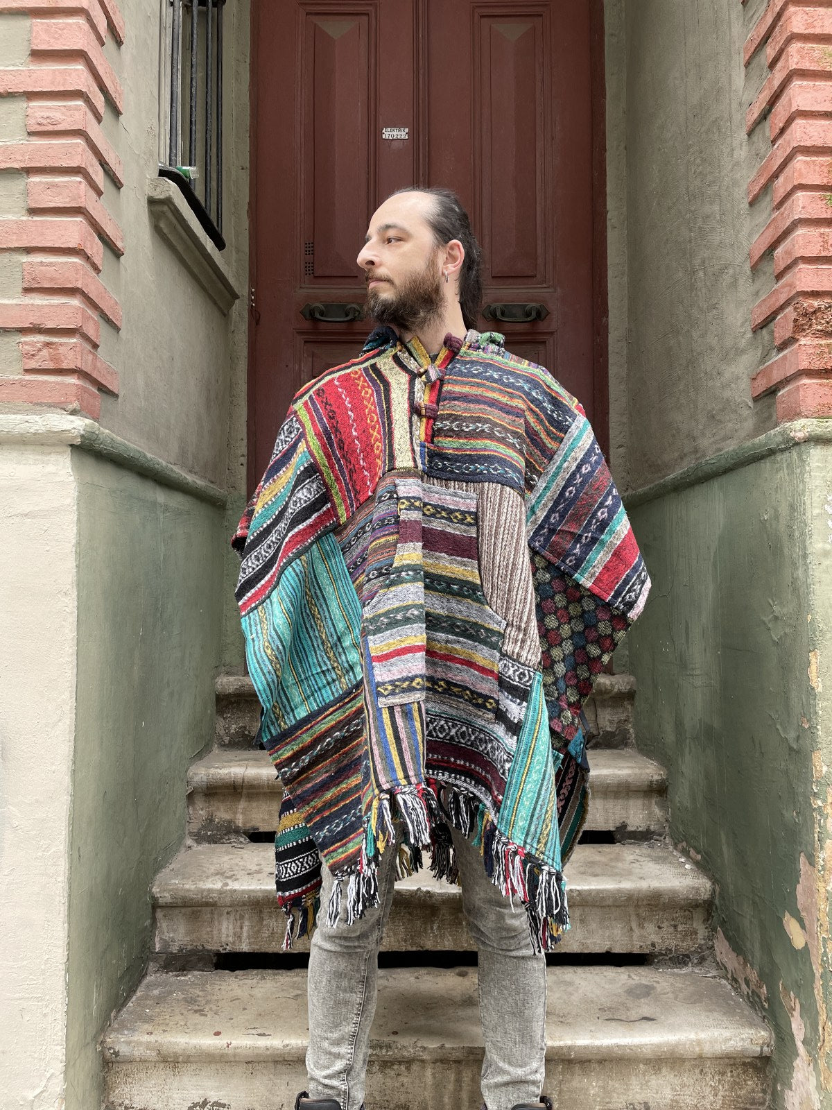 Unisex Nepal Gheri Yeşil Sarı Panço