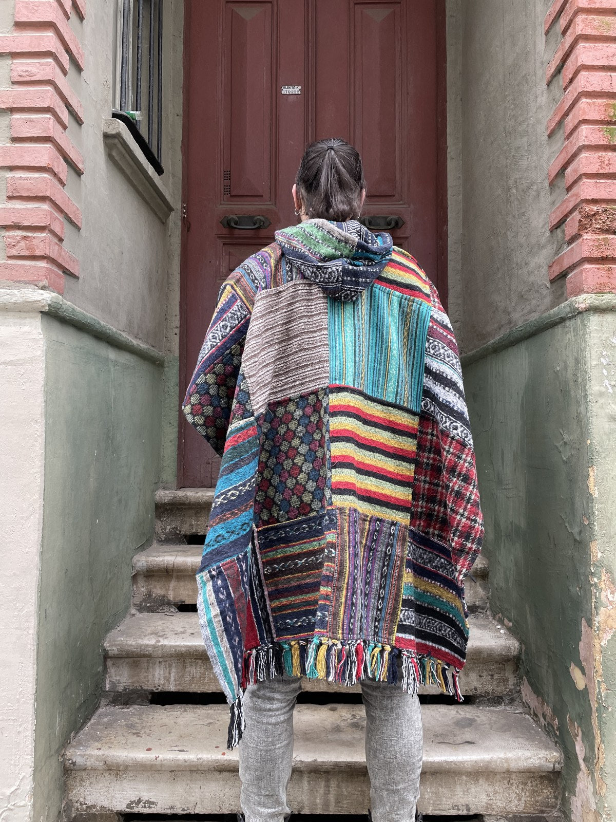 Unisex Nepal Gheri Yeşil Sarı Panço