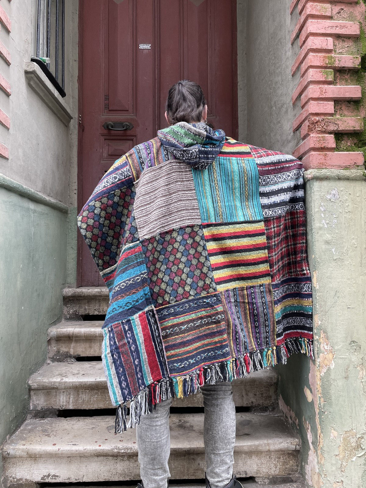 Unisex Nepal Gheri Yeşil Sarı Panço