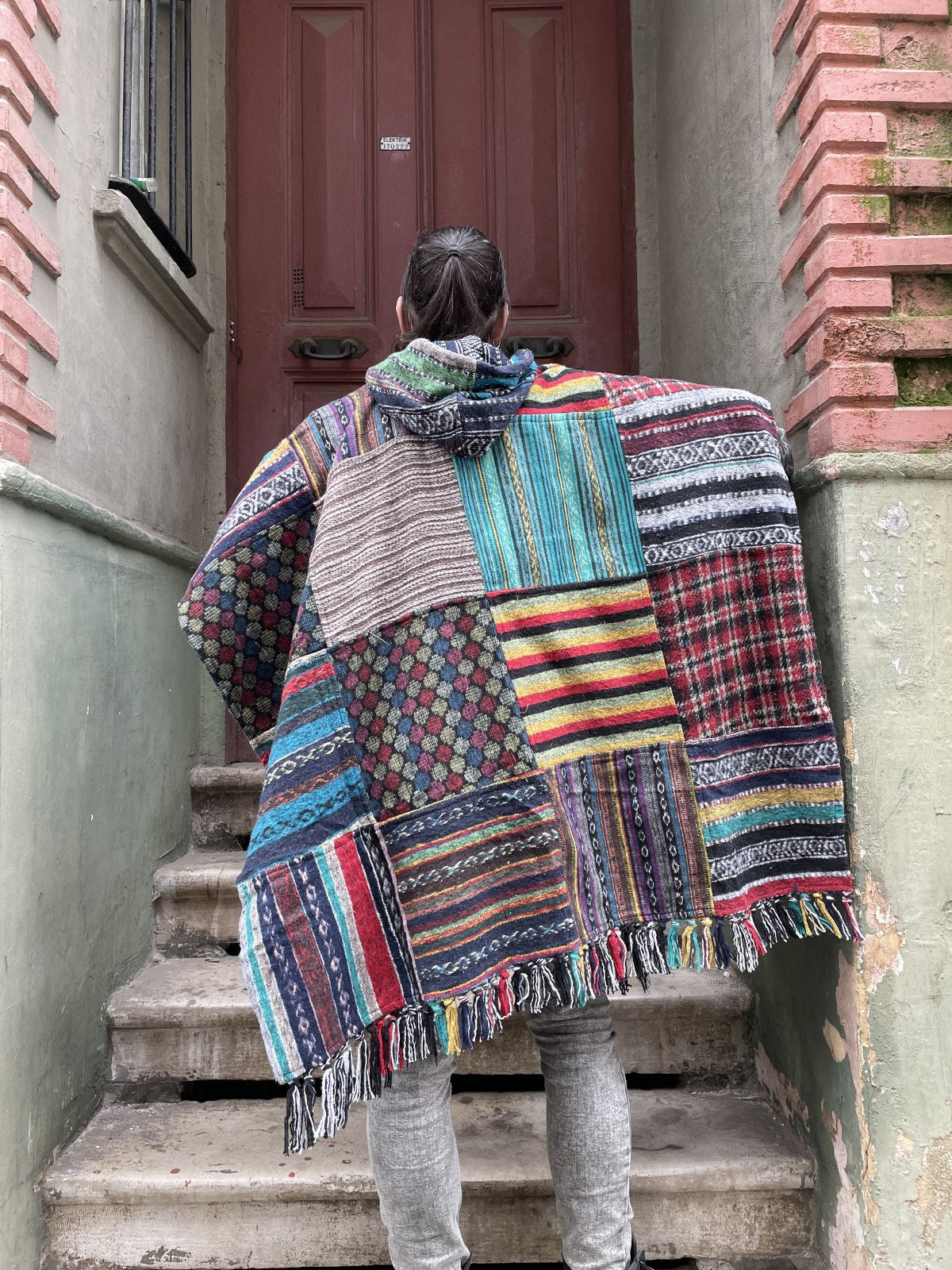 Unisex Nepal Gheri Yeşil Sarı Panço